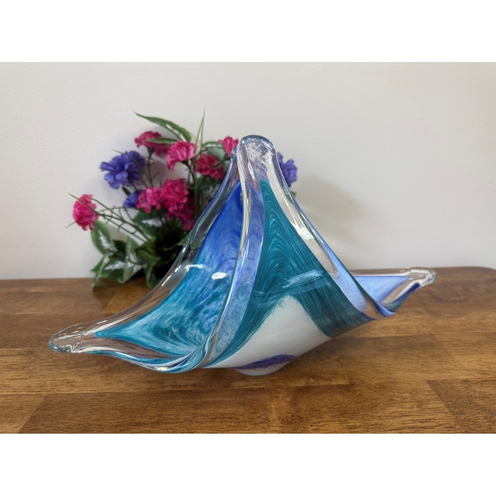 Murano-Style Hand-Blown Art Glass Centerpiece Bowl – Aqua, Cobalt & White Swirl